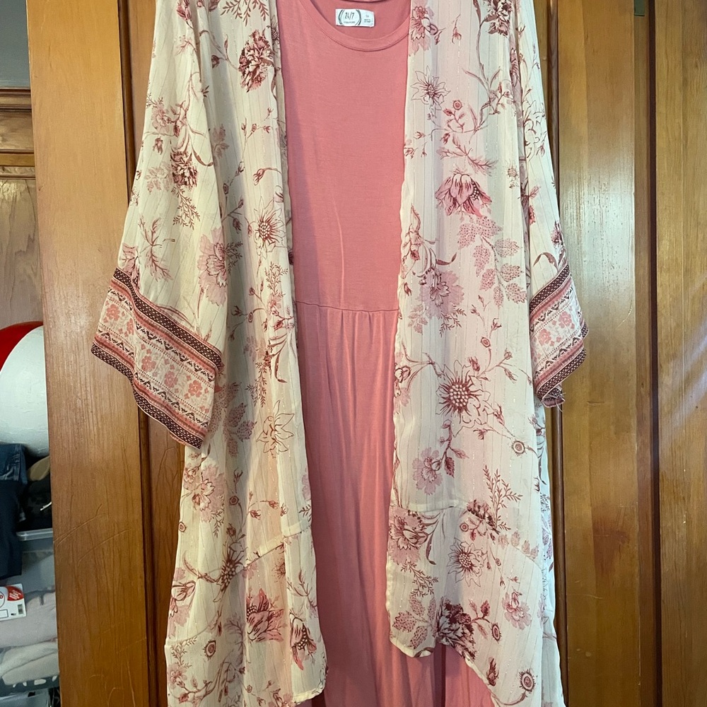 Maurices Pink Floral Mini Dress with Kimono Overlay